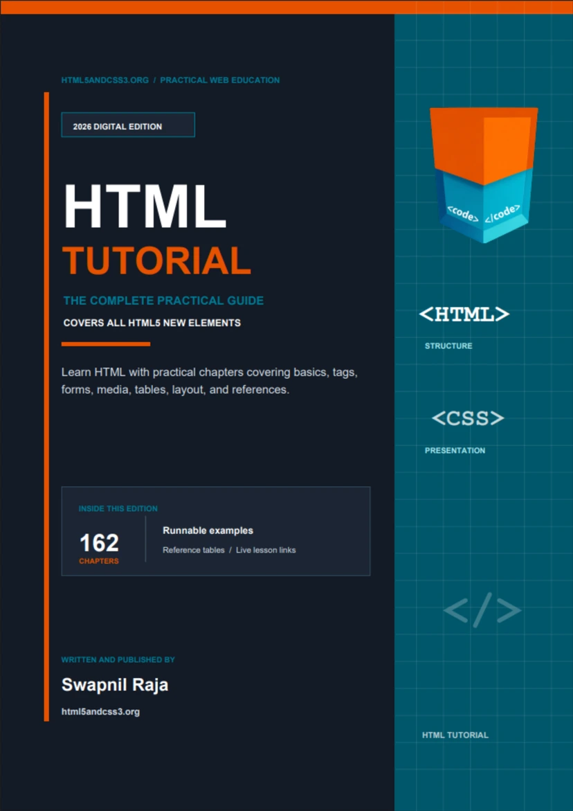 Cover of HTML Tutorial PDF by Swapnil Raja, covering all HTML5 new elements